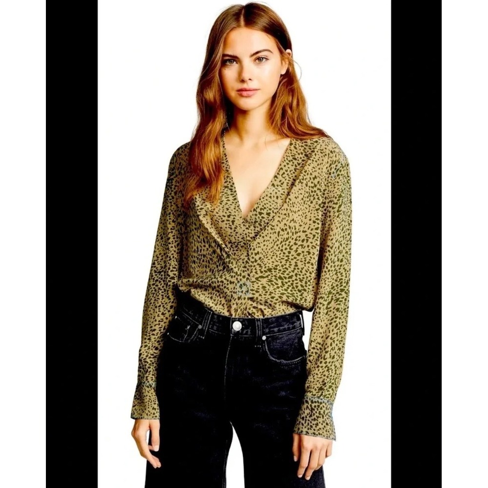 Rag & Bone Animal Leopard Print 100% Silk Draped V-Neck Blouse XS